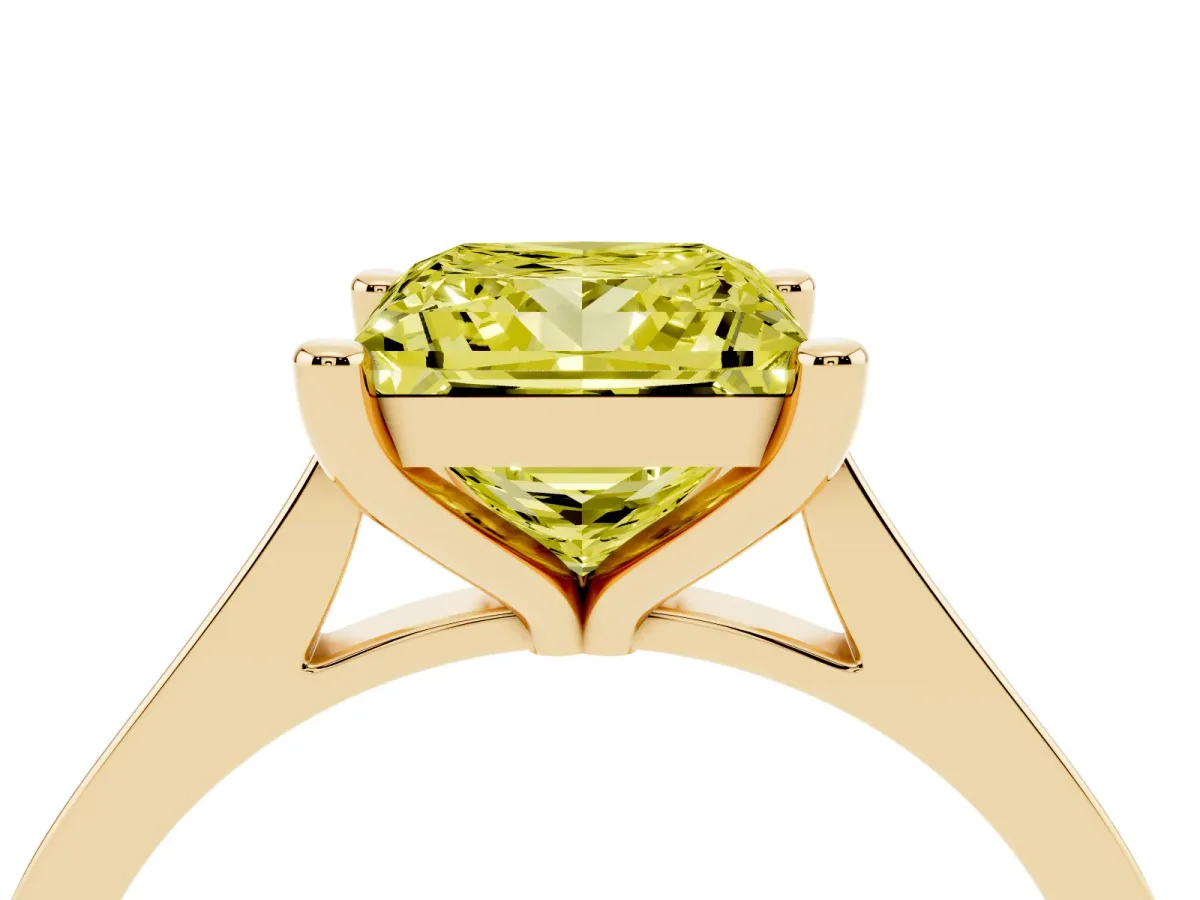 Fancy Yellow Princess Cut Solitaire Diamond Ring with Four-Prong Setting and Tapered Band Yellow gold