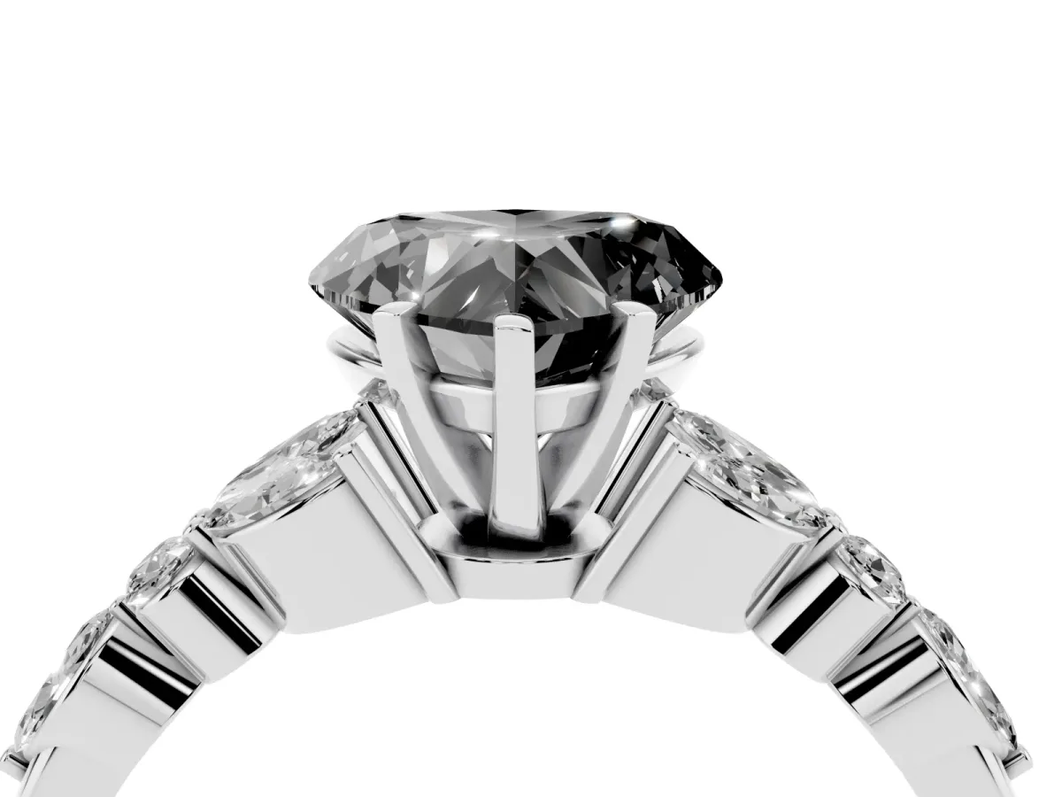 Fancy Black Heart Cut Diamond Solitaire Ring with Side Stones and Four-Prong Setting Silver
