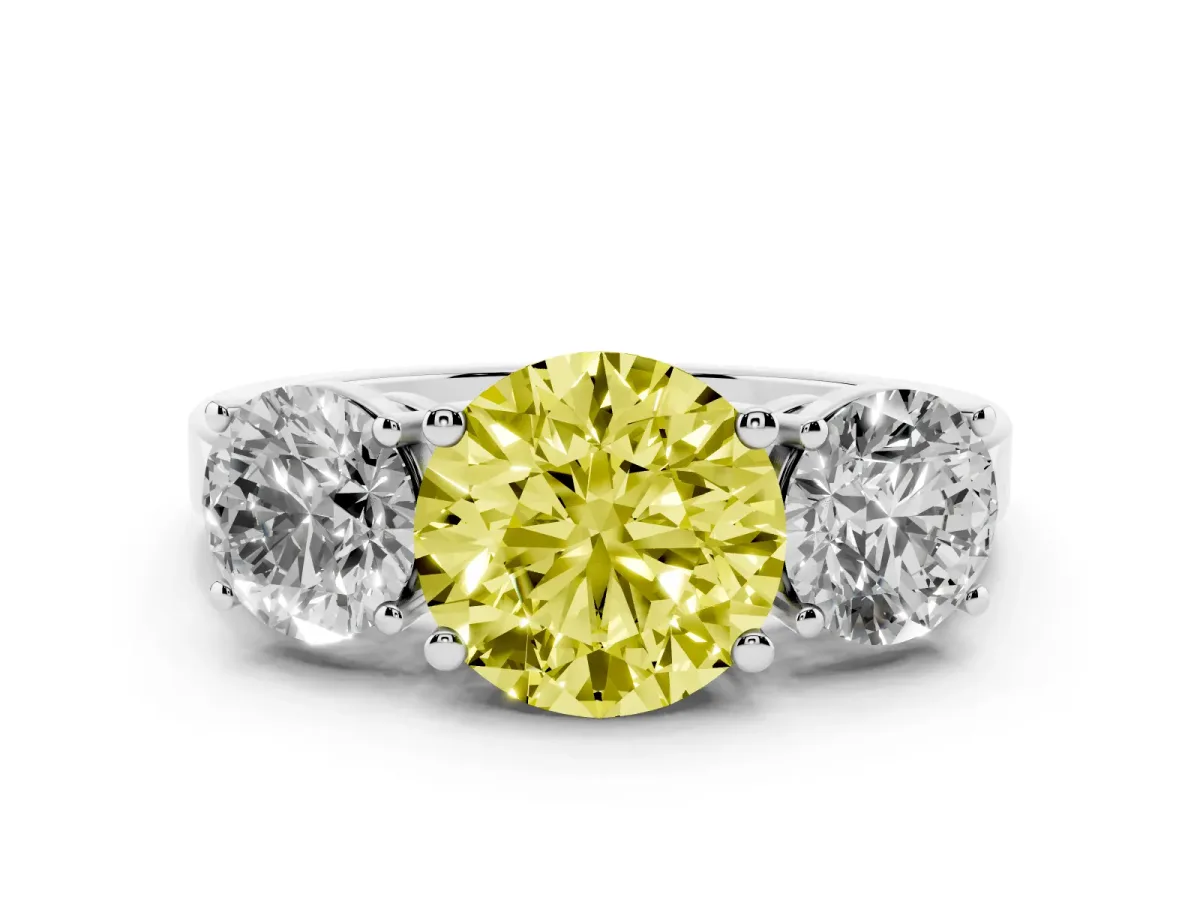 Fancy Yellow Three-Stone Round Cut Cut Diamond Engagement Ring with Flat Band and Four-Prong Setting Silver