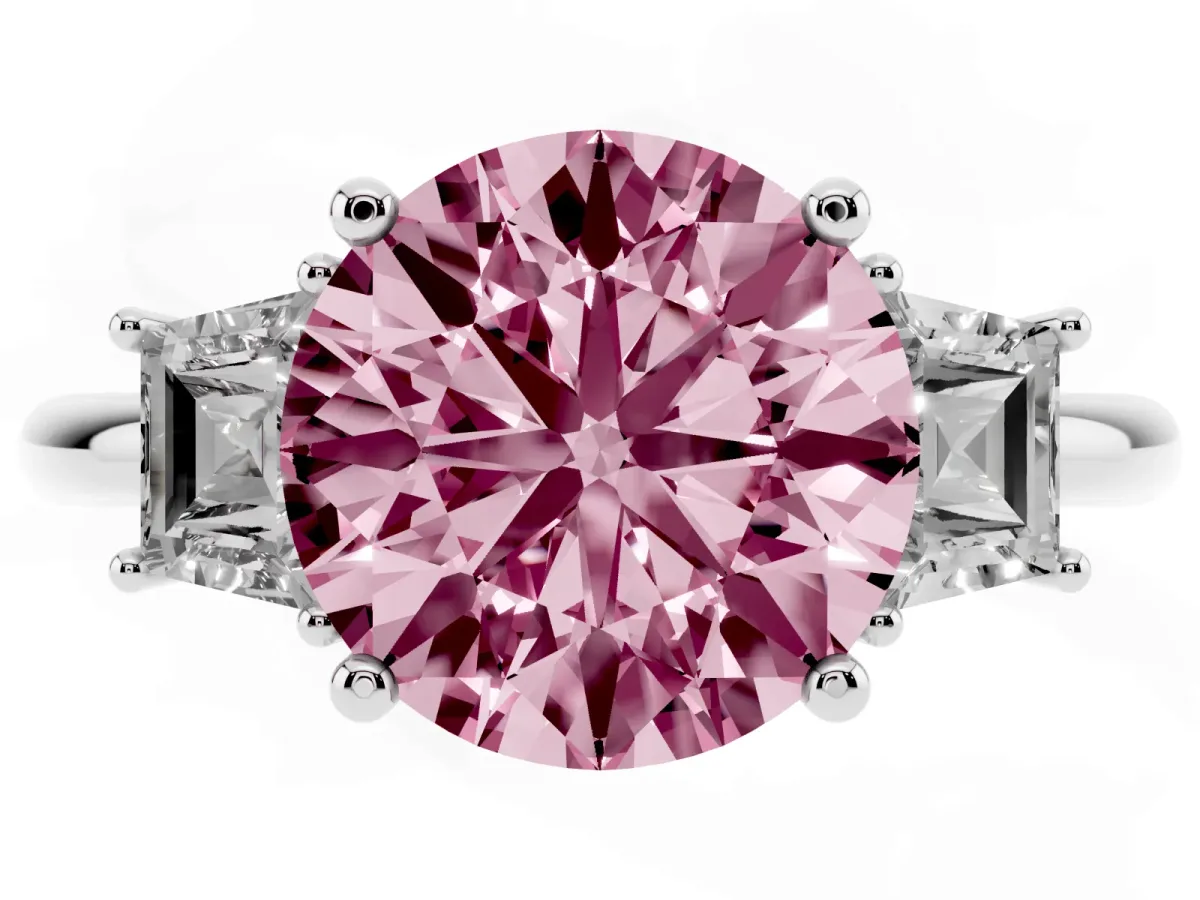 Fancy Pink Round Cut Diamond Three-Stone Ring with Trapezoid Side Stones and Prong Setting Platinum