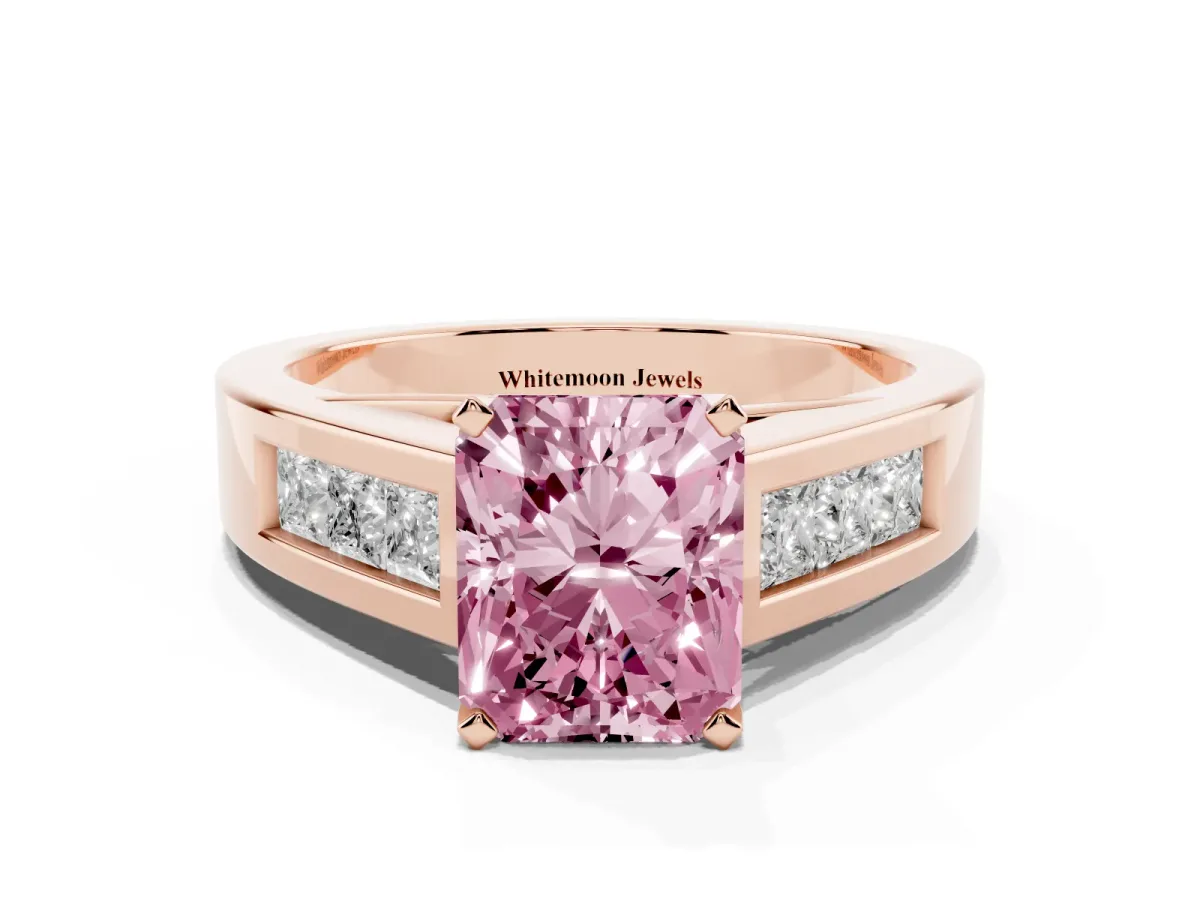 Fancy Pink Radiant Cut Cut Channel Set Solitaire Ring with Four-Prong Setting Rose gold
