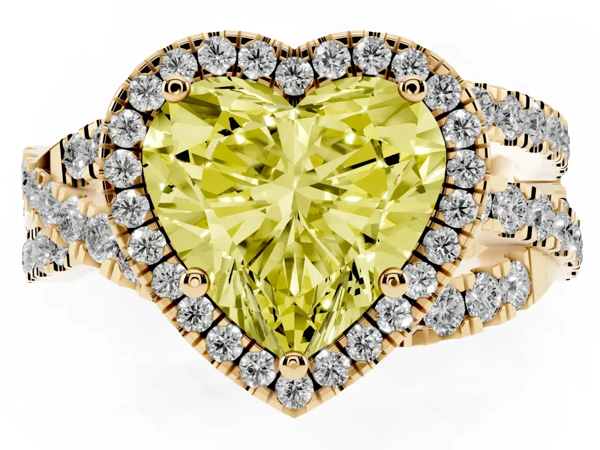 Fancy Yellow Heart Cut Diamond Halo Ring with Round Split Shank and Prong Setting Yellow gold
