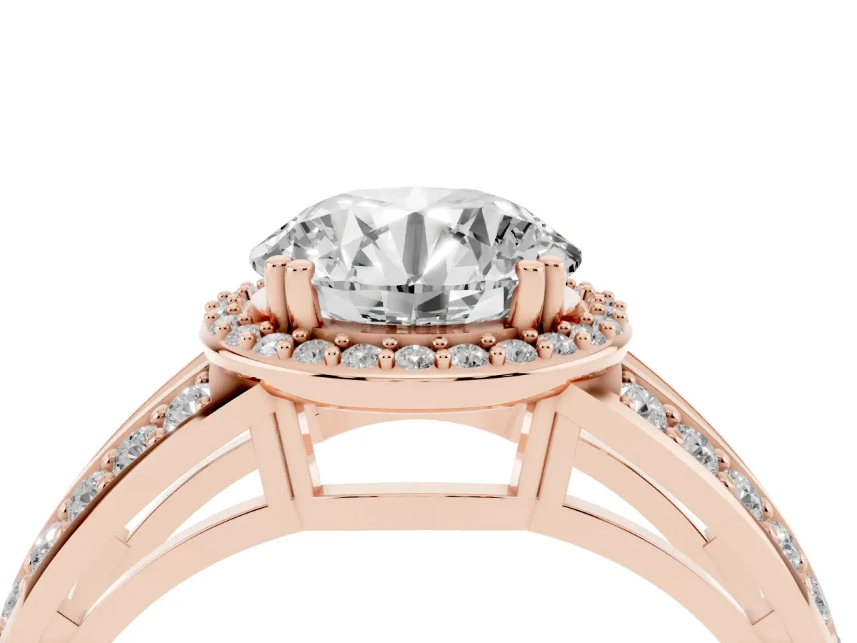 Round Cut Diamond Halo Ring with Split Shank Pavé Band and Four-Prong Setting Rose gold