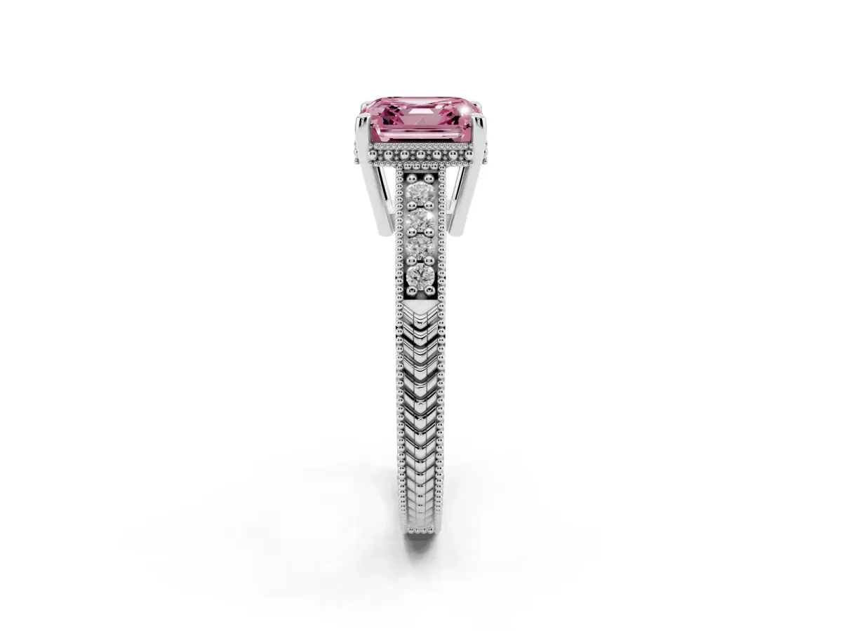 Fancy Pink Asscher Cut Solitaire Pavé Diamond Milgrain Engagement Ring with Four-Prong Setting Platinum