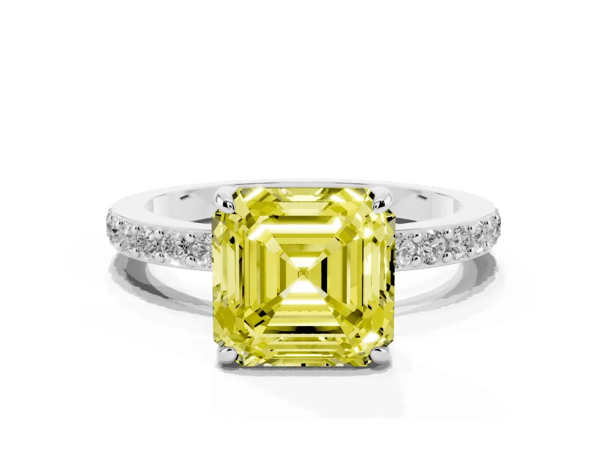 Fancy Yellow Asscher Cut Diamond Solitaire Engagement Ring with Pavé Band and Four-Prong Setting Silver