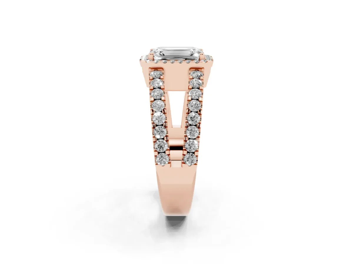 Emerald Cut Cut Halo Split Shank Diamond Ring with Four-Prong Setting Rose gold