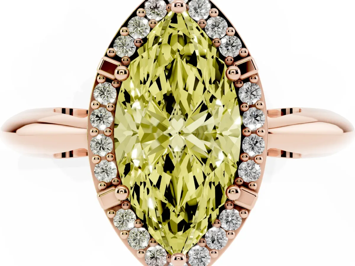 Fancy Yellow Marquise Cut Cut Diamond Halo Engagement Ring with Split Shank and Four-Prong Setting Rose gold