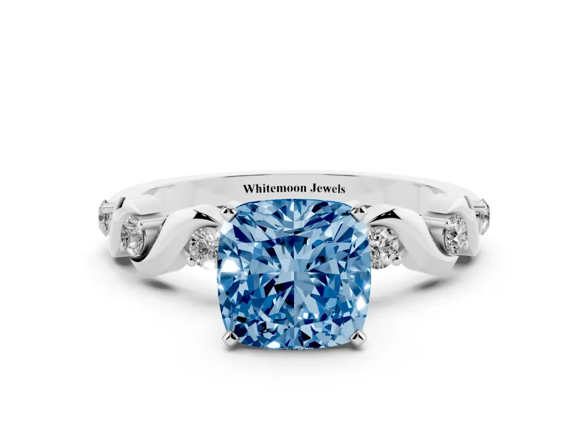Fancy Blue Cushion Cut Diamond Solitaire Twisted Band with Round Accents and Prong Setting Silver