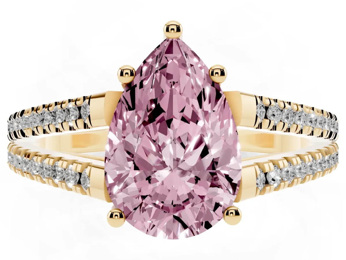 Fancy Pink Pear Cut Diamond Solitaire Engagement Ring with Split Shank Pavé Band Yellow gold