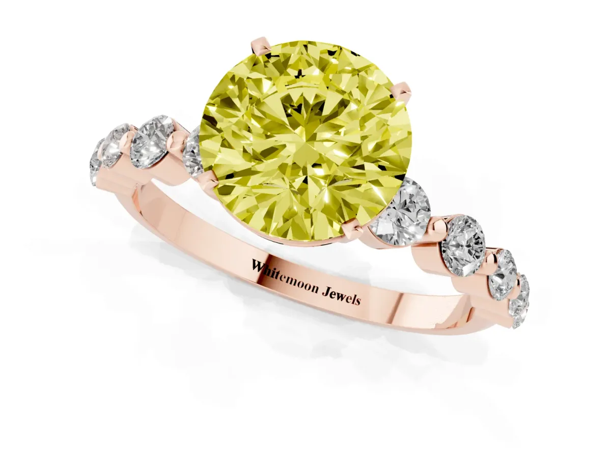 Fancy Yellow Round Cut Solitaire Diamond Ring with Pave Band and Four-Prong Setting Rose gold