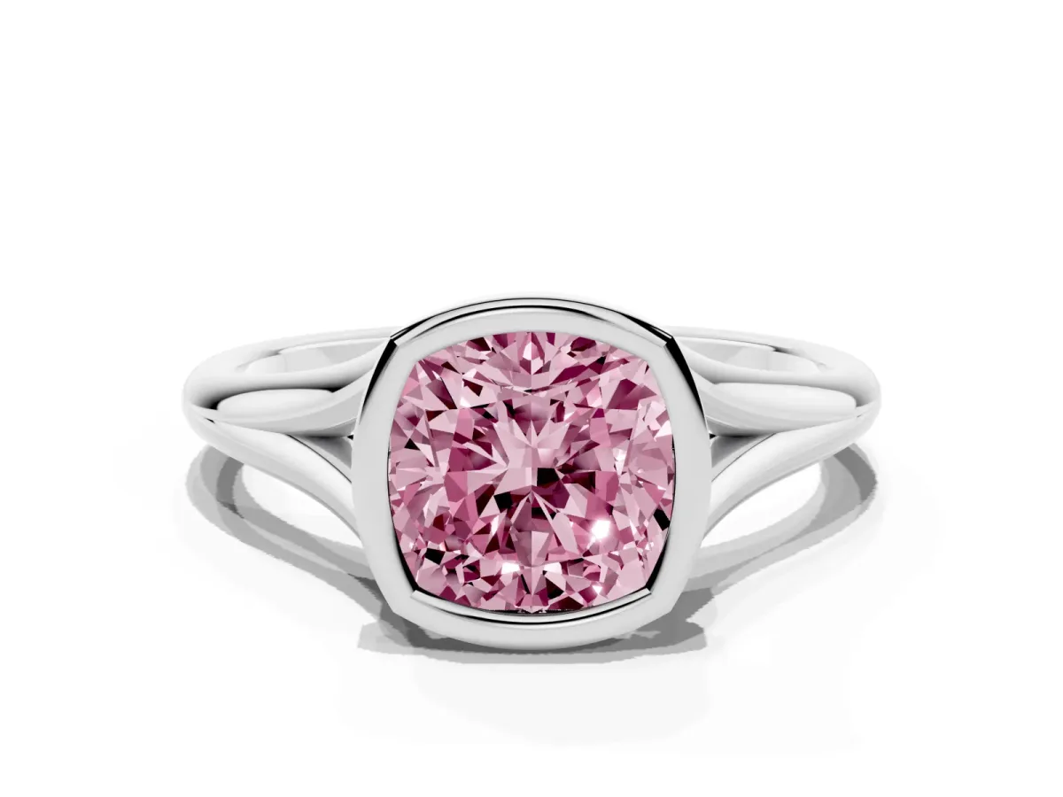 Fancy Pink Bezel Set Cushion Cut Cut Solitaire Ring with Tapered Band Silver