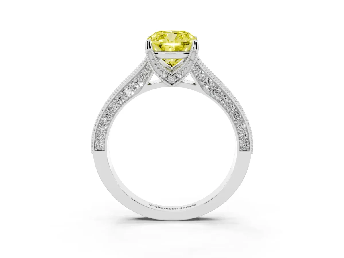 Fancy Yellow Cushion Cut Cut Diamond Solitaire Ring with Milgrain Pave Band and Four Prong Setting Silver