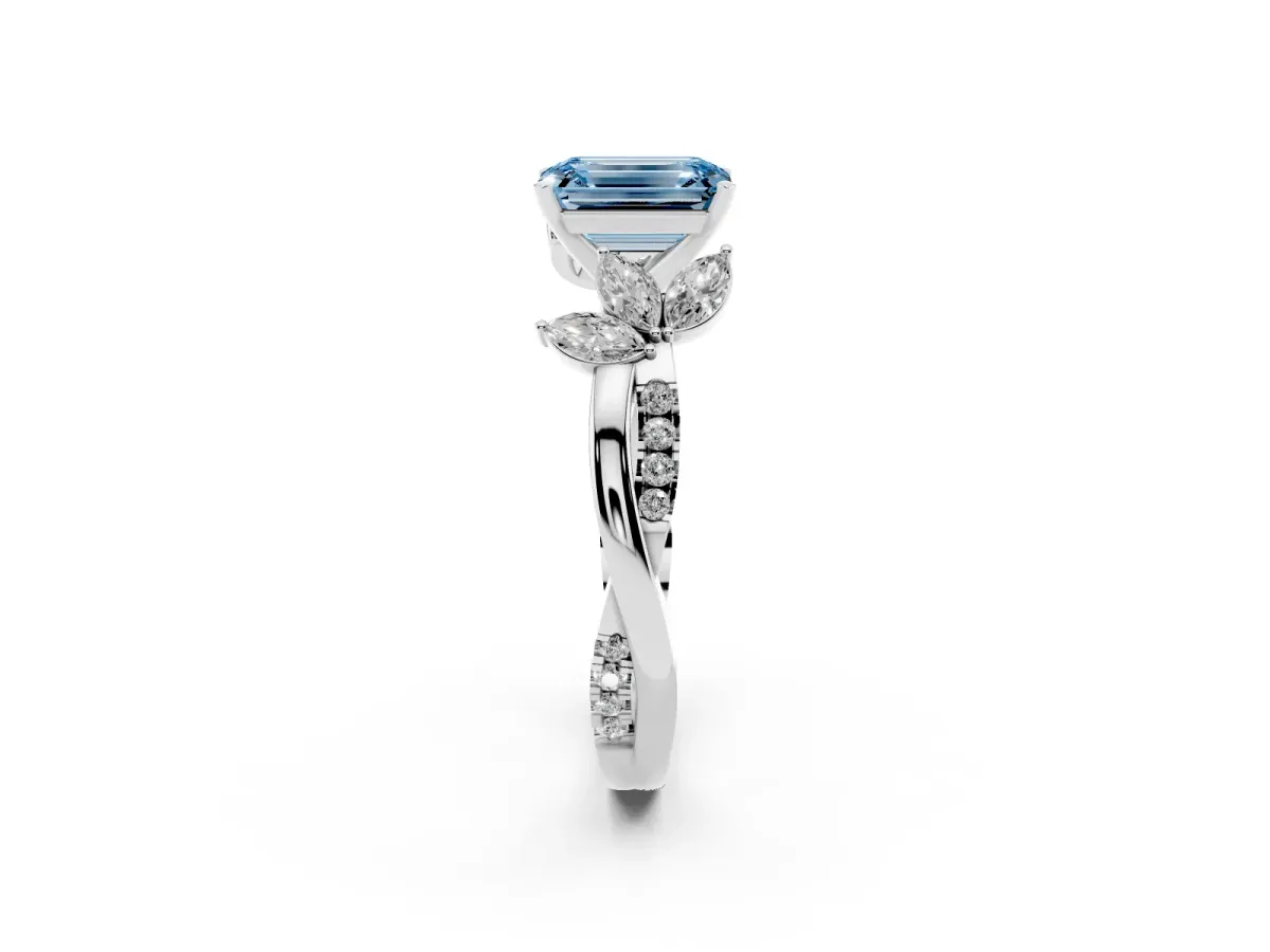 Fancy Blue Emerald Cut Diamond Floral Vine Solitaire Engagement Ring Platinum