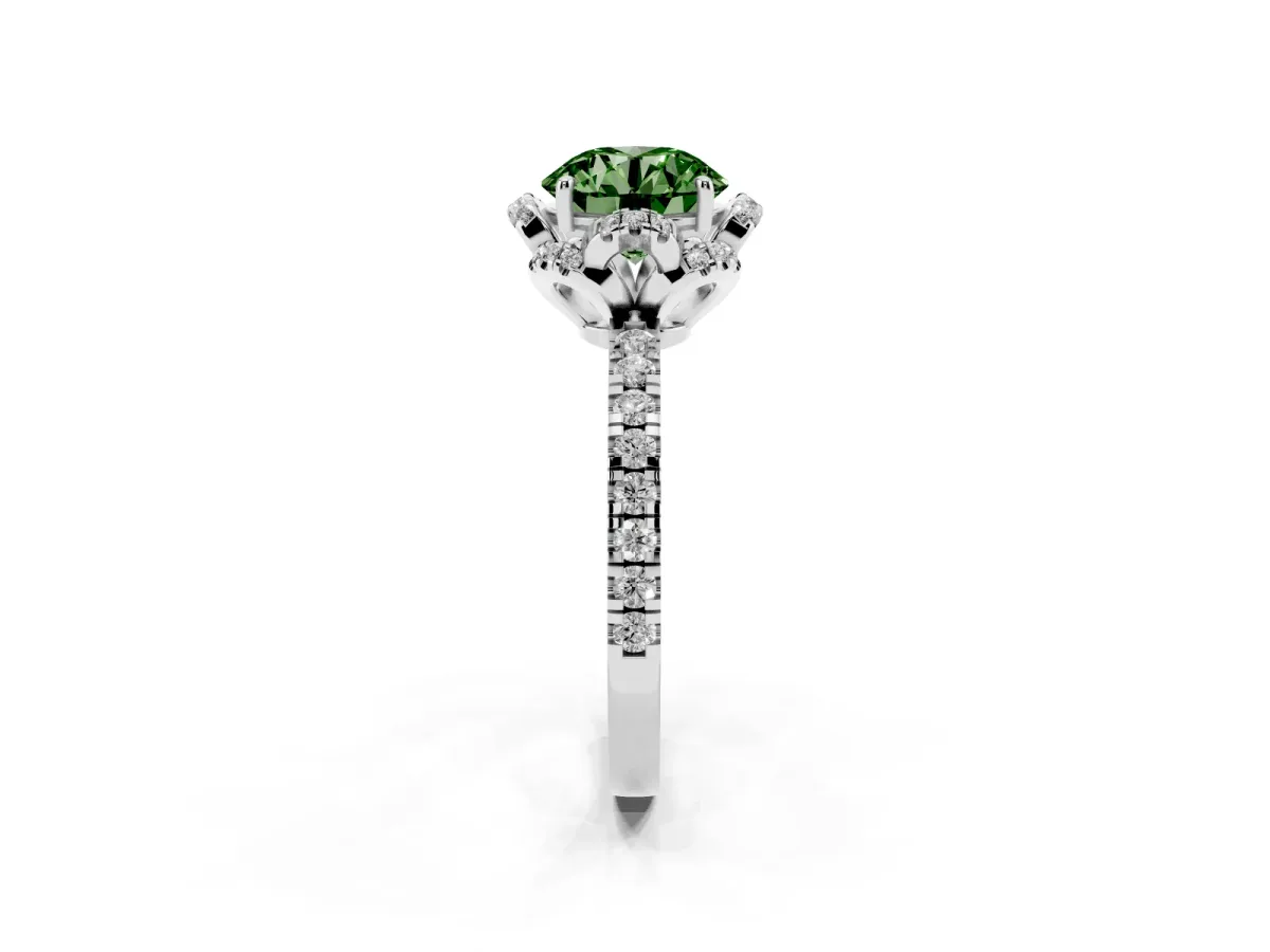 Fancy Green Round Cut Diamond Halo Pave Band with Four-Prong Setting Silver