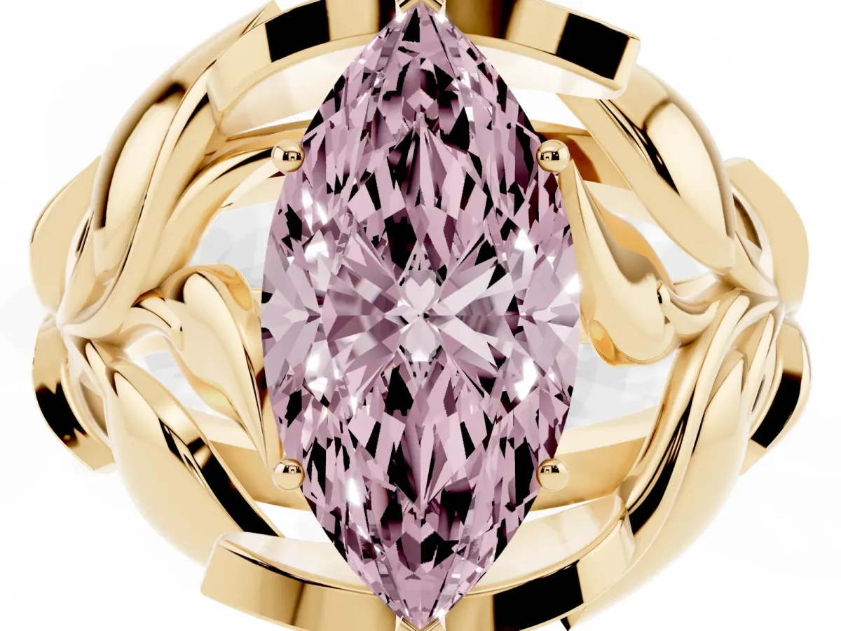 Fancy Pink Marquise Cut Diamond Leaf-Inspired Engagement Ring with Round Accents and Prong Setting Yellow gold