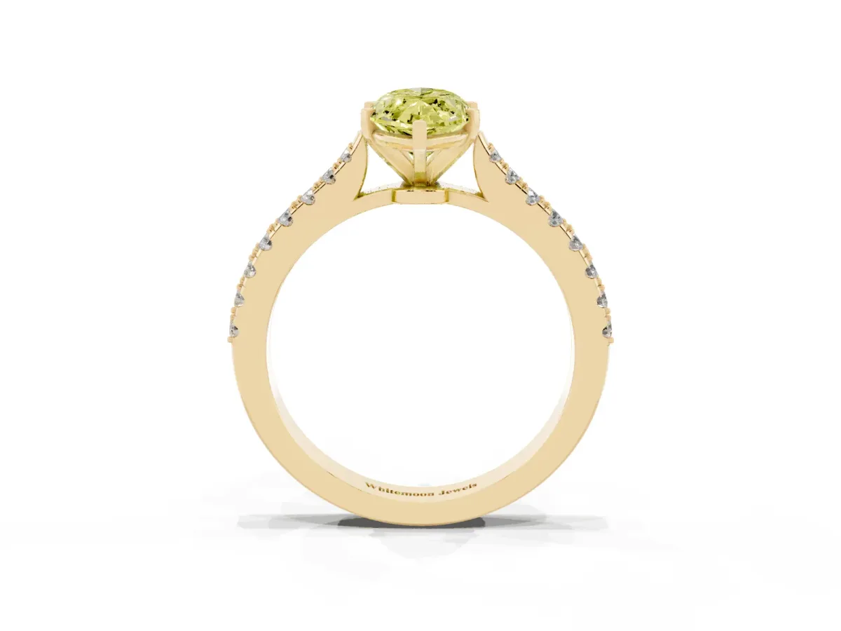 Fancy Yellow Marquise Cut Cut Solitaire Diamond Engagement Ring with Pave Band and Four-Prong Setting Yellow gold