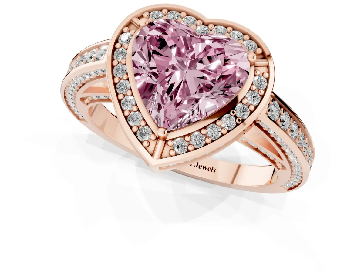 Fancy Pink Heart Cut Cut Halo Pave Split Shank Prong Setting Ring Rose gold