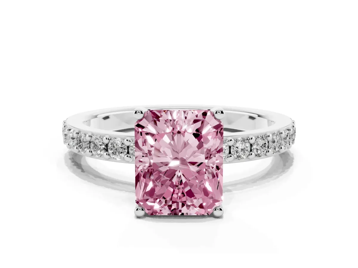 Fancy Pink Radiant Cut Cut Diamond Solitaire with Pave Band and Four-Prong Setting Platinum
