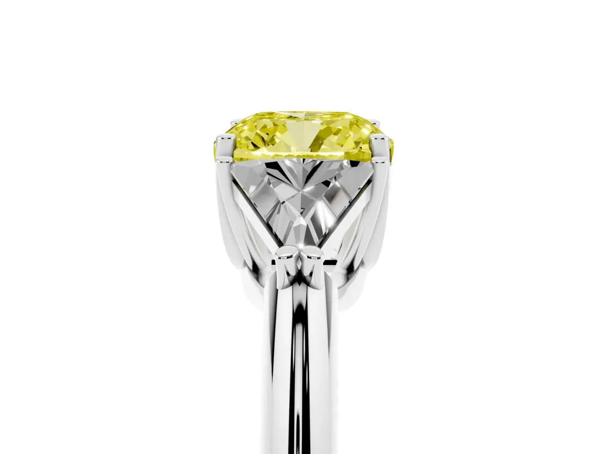 Fancy Yellow Three-Stone Cushion Cut Diamond Engagement Ring with Trillion Side Stones and Prong Setting Silver