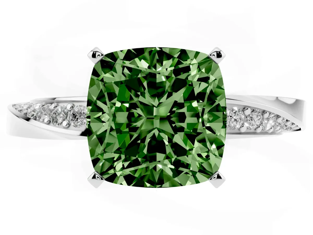 Fancy Green Cushion Cut Diamond Engagement Ring with Side Stone Accents and Four-Prong Setting Silver
