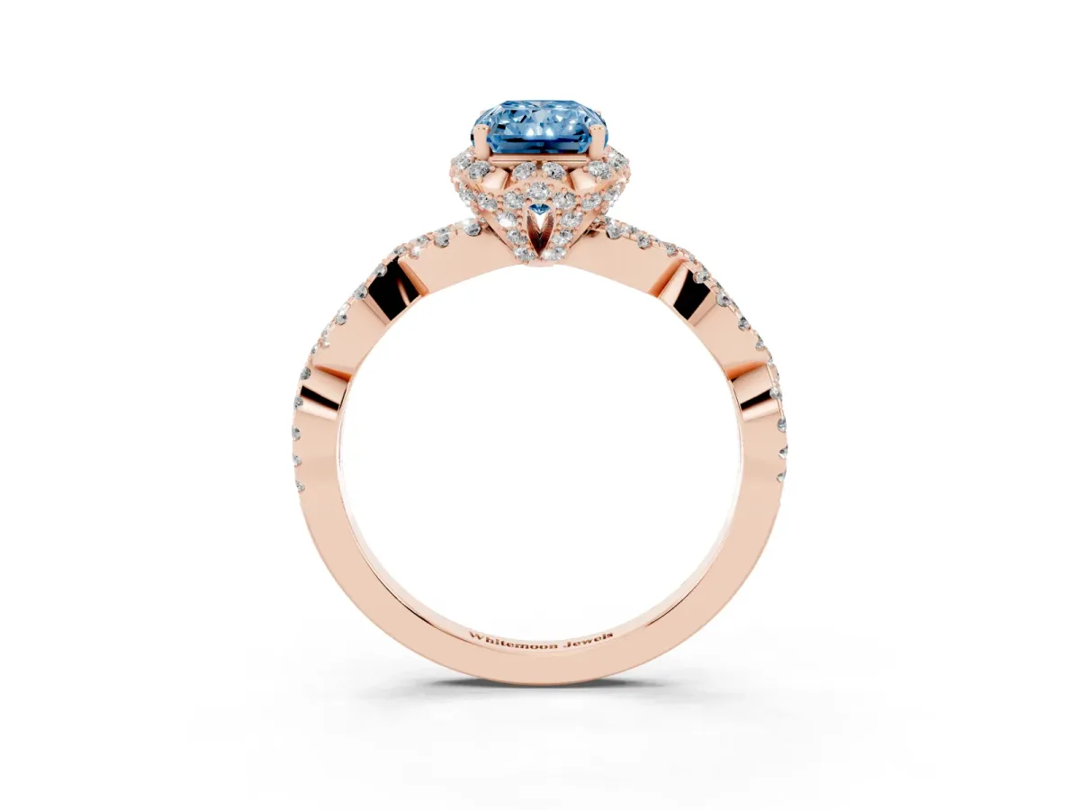 Fancy Blue Radiant Cut Halo Twist Band Solitaire Ring with Six-Prong Setting Rose gold