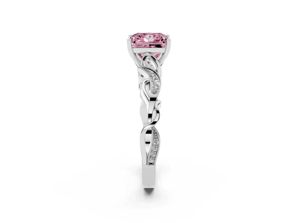 Fancy Pink Princess Cut Solitaire Vine Band with Milgrain Prong Setting Silver