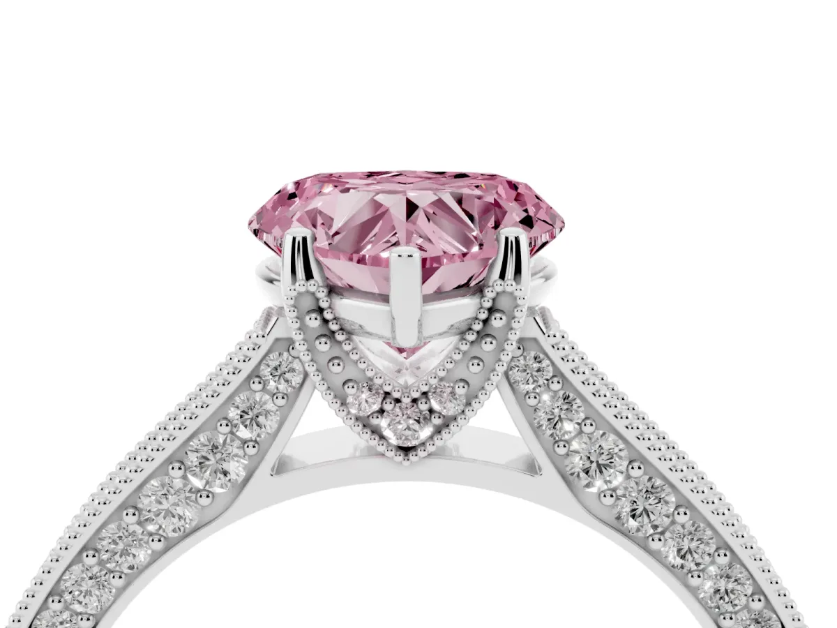 Fancy Pink Heart Cut Cut Diamond Solitaire Ring with Milgrain Pave Band and Four Prong Setting Silver