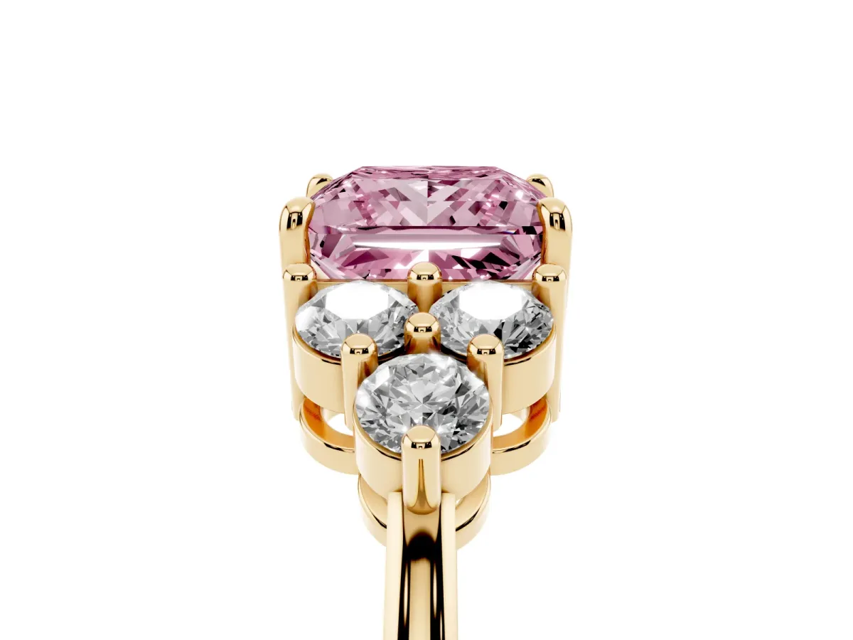 Fancy Pink Princess Cut Brilliant Diamond Cluster Accent Solitaire Ring with Prong Setting Yellow gold