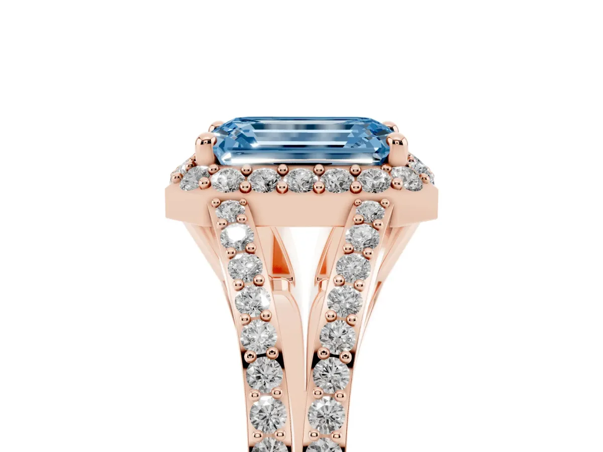Fancy Blue Emerald Cut Halo Split Shank Diamond Ring with Prong Setting Rose gold