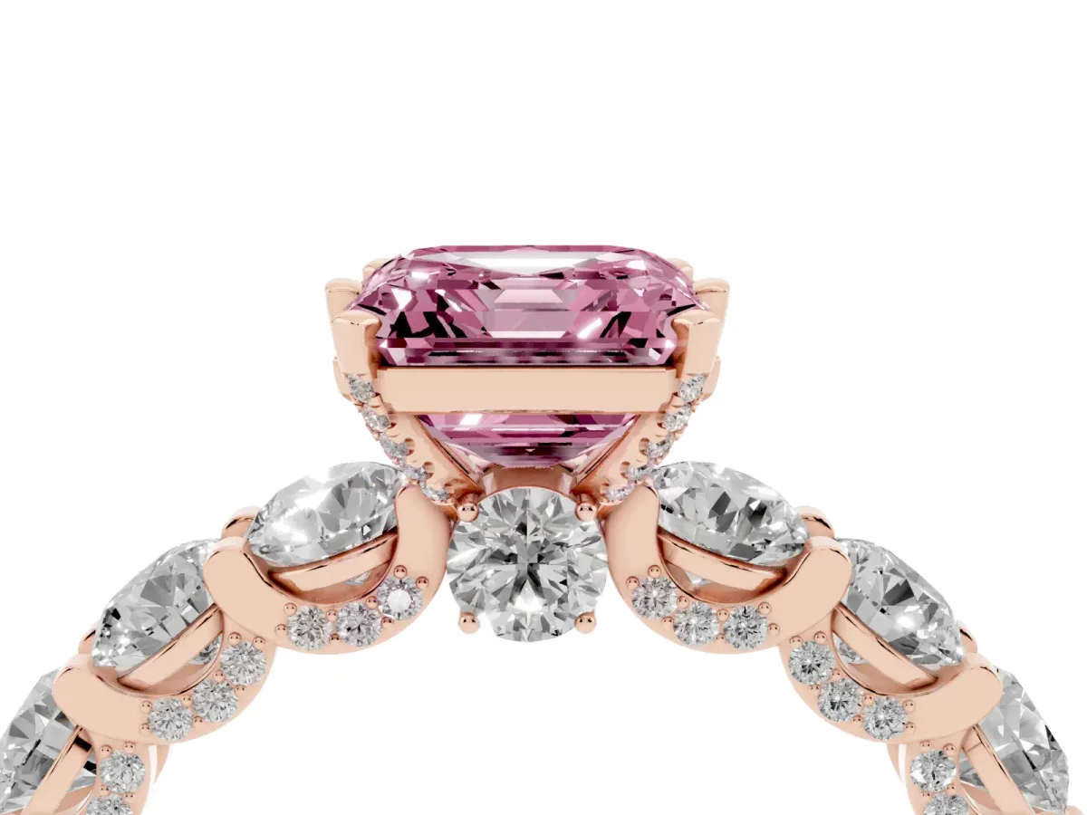 Fancy Pink Asscher Cut Diamond Side Stone Engagement Ring with Four-Prong Setting Rose gold