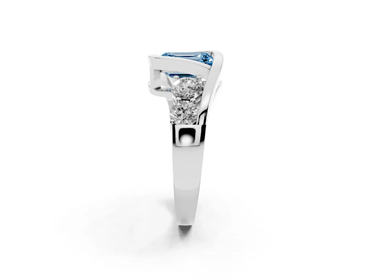 Fancy Blue Bezel Set Emerald Cut Diamond Bypass Ring with Round Accents Silver