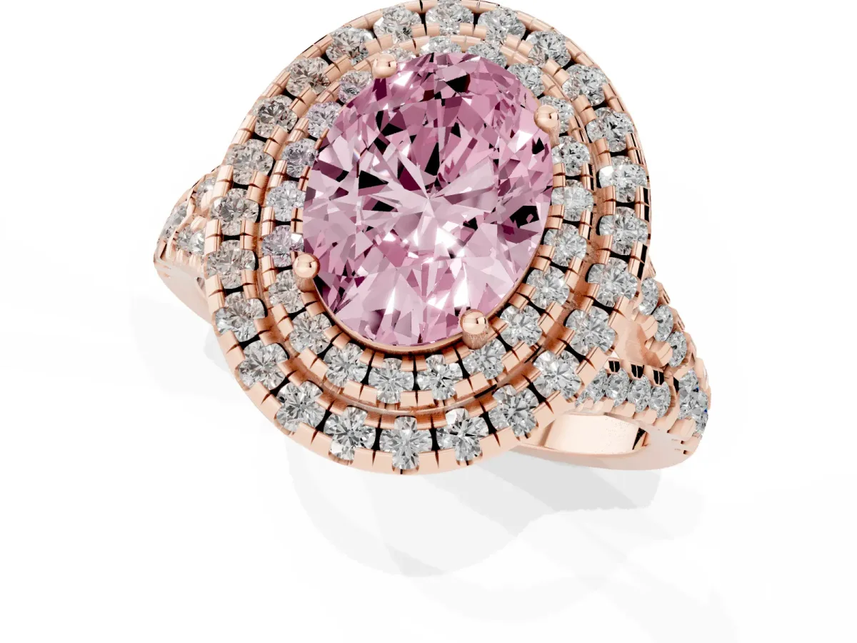 Fancy Pink Double Halo Oval Cut Diamond Pavé Split Shank Ring with Prong Setting Rose gold