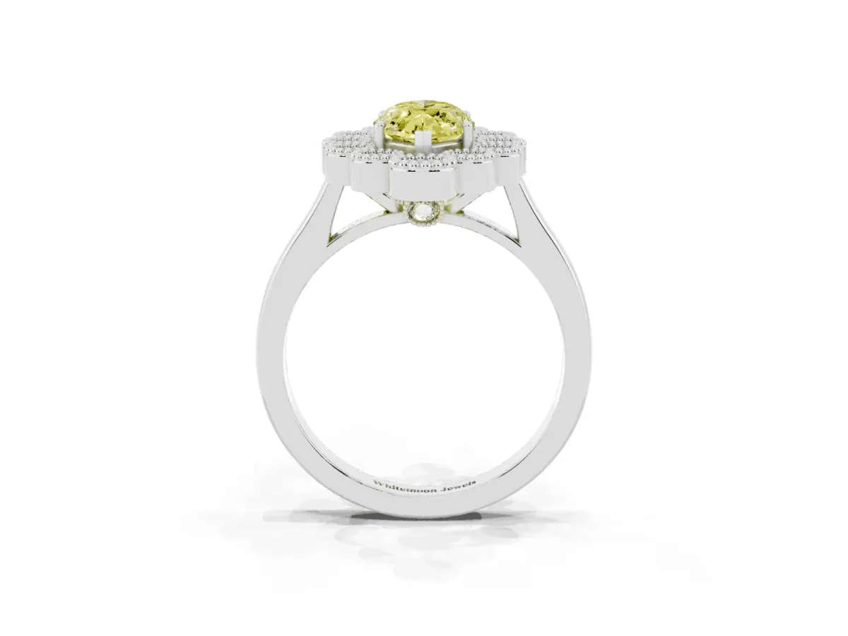 Fancy Yellow Marquise Cut Halo Diamond Cluster Engagement Ring with Milgrain Bezel Setting and Solitaire Band Silver