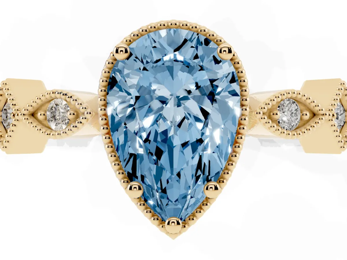 Fancy Blue Pear Cut Milgrain Marquise Diamond Twist Band Ring Yellow gold