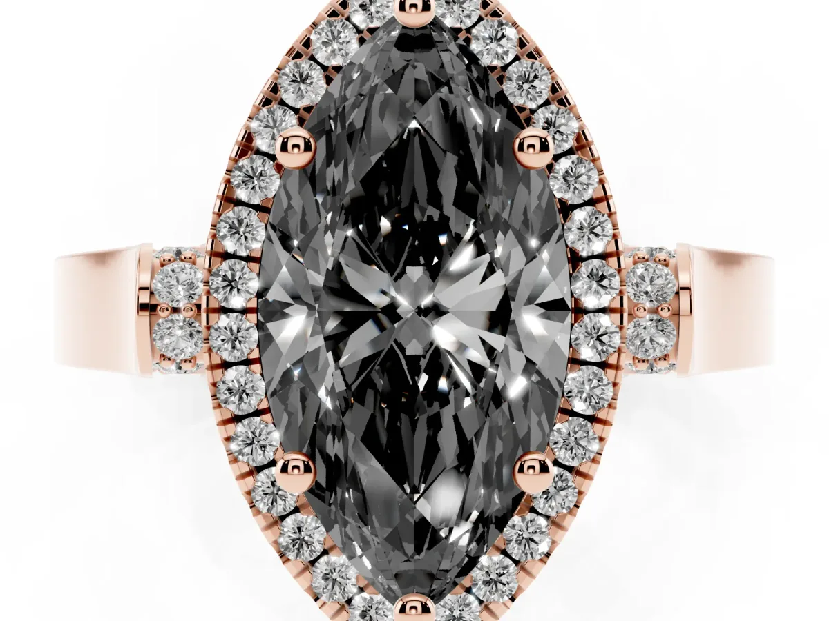 Fancy Black Marquise Cut Halo Round Diamond Twist Band with Four-Prong Setting Rose gold