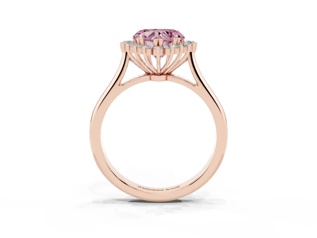 Fancy Pink Heart Cut Cut Diamond Halo Ring with Solitaire Band and Prong Setting Rose gold