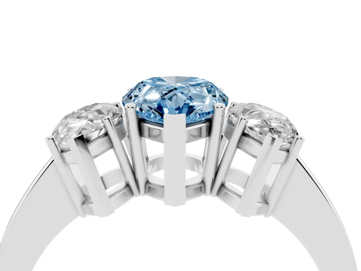 Fancy Blue Three-Stone Pear Cut Cut Diamond Engagement Ring with Flat Band and Four-Prong Setting Platinum