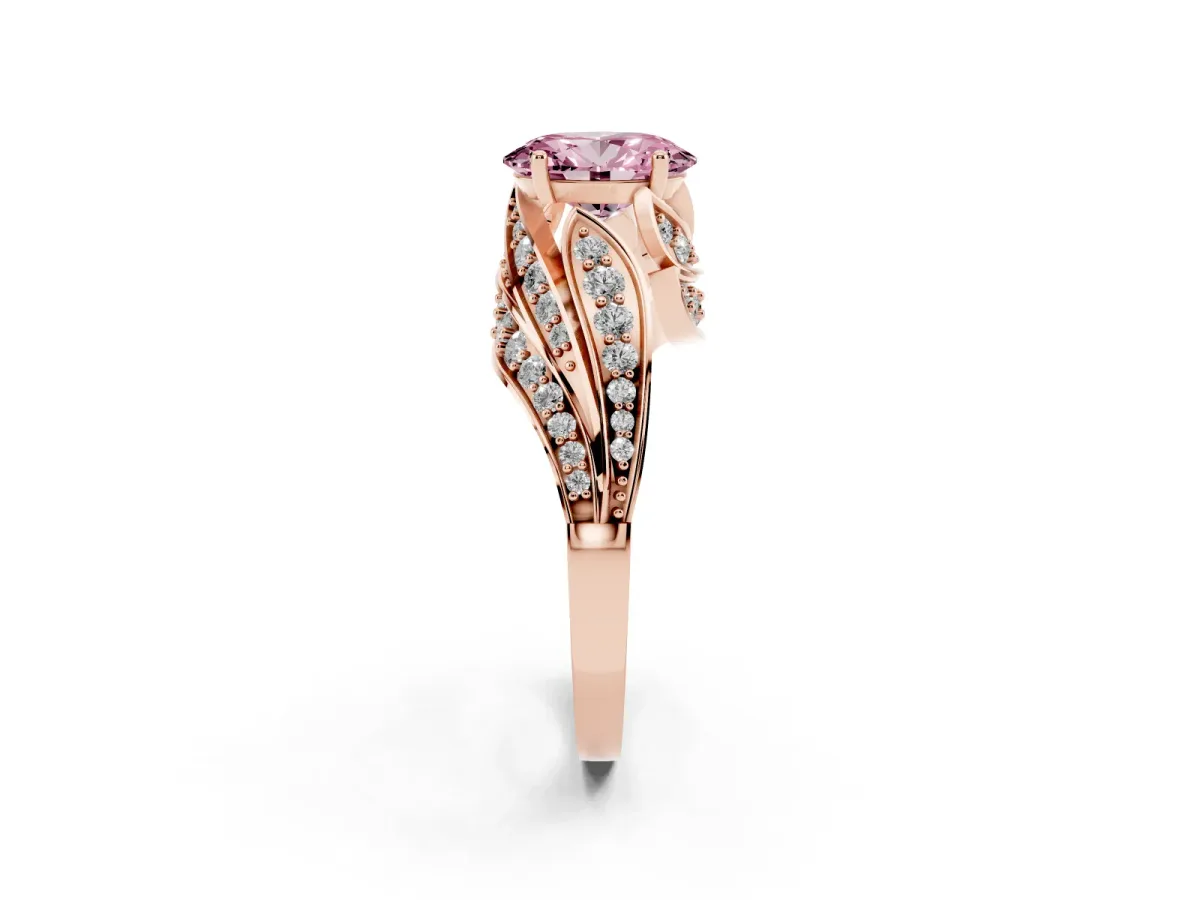 Fancy Pink Oval Cut Diamond Solitaire Ring with Prong Setting and Twisted Pavé Band Rose gold