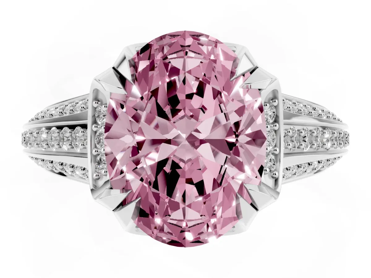 Fancy Pink Oval Cut Solitaire Pave Split Shank Ring with Four-Prong Setting Platinum