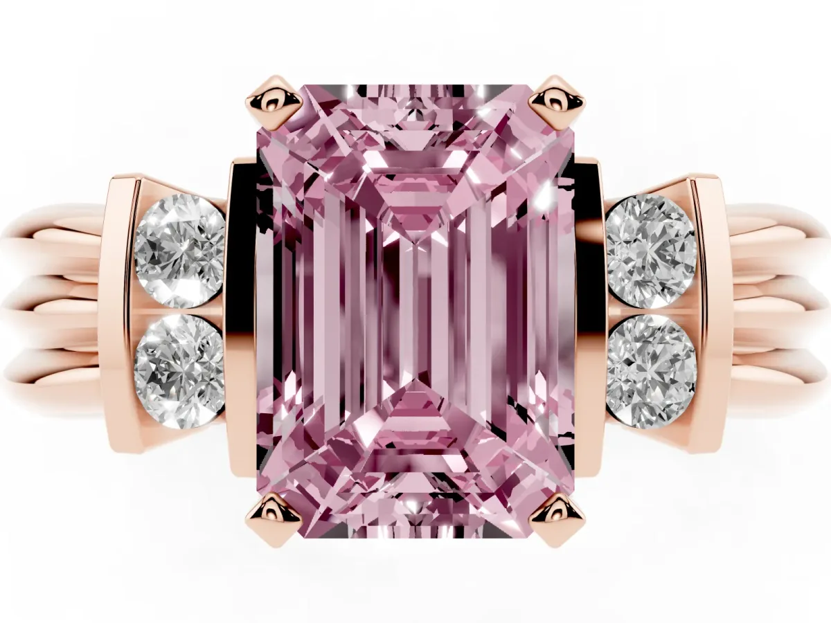Fancy Pink Emerald Cut Cut Three-Stone Channel Set Ring with Bar Prongs Rose gold