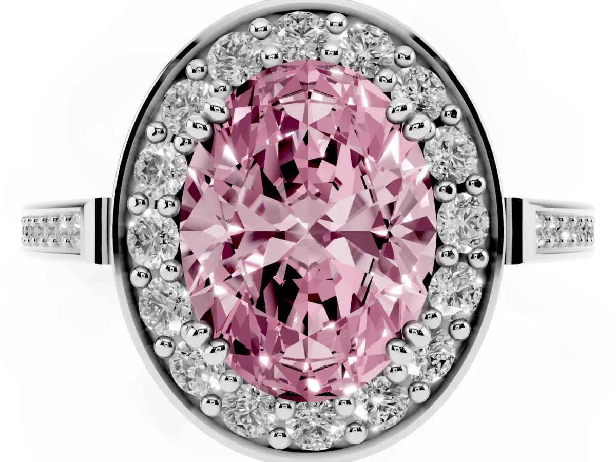 Fancy Pink Oval Cut Diamond Halo Ring with Split Shank and Four-Prong Setting Platinum