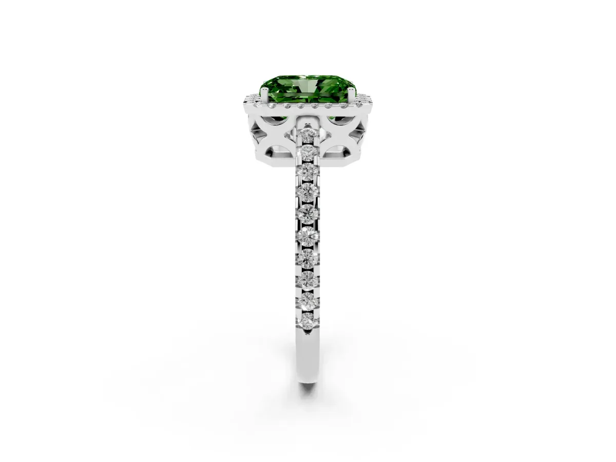Fancy Green Radiant Cut Diamond Halo Engagement Ring with Pavé Band and Prong Setting Platinum