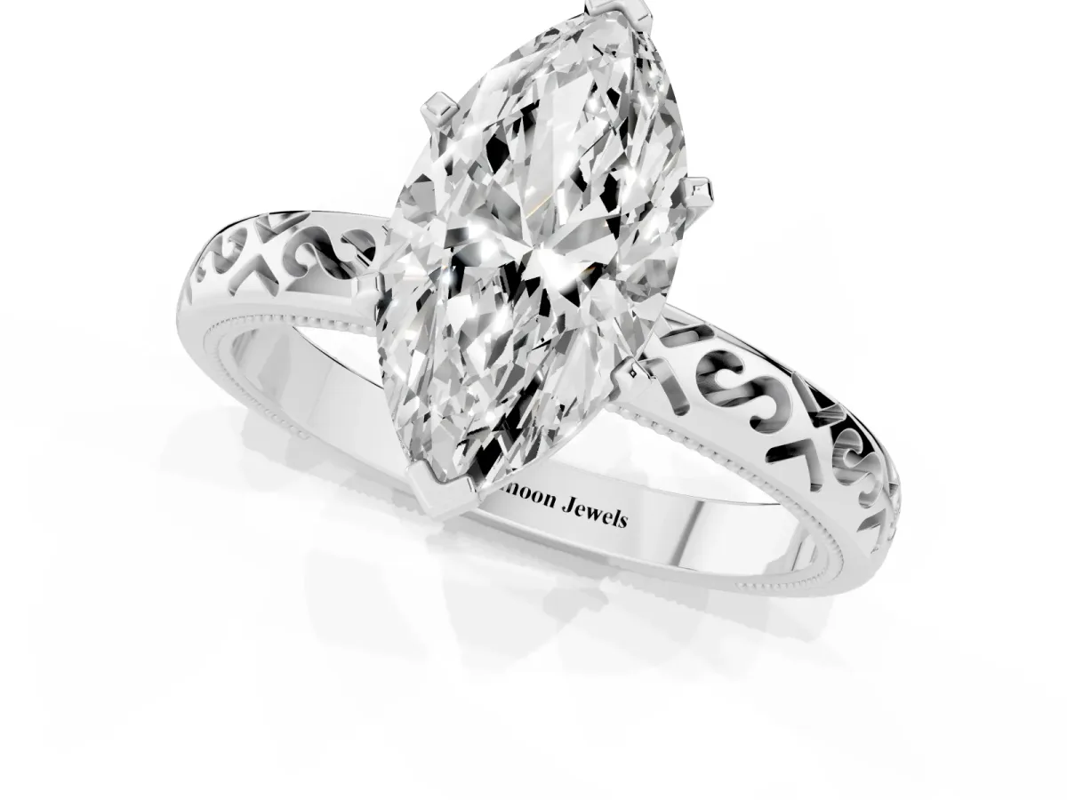 Marquise Cut Solitaire Engagement Ring with Scrollwork Band and Four-Prong Setting White gold