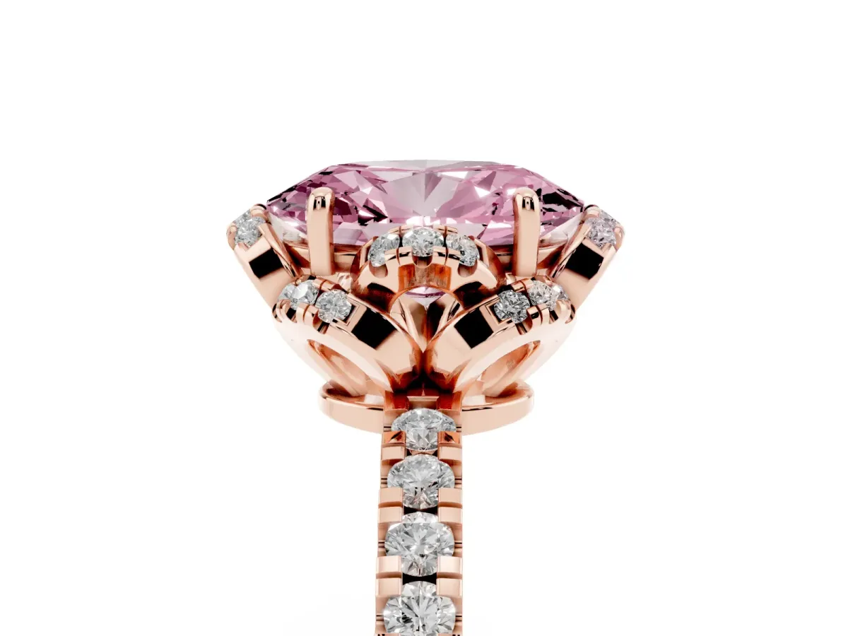 Fancy Pink Oval Cut Diamond Halo Pave Band with Four-Prong Setting Rose gold