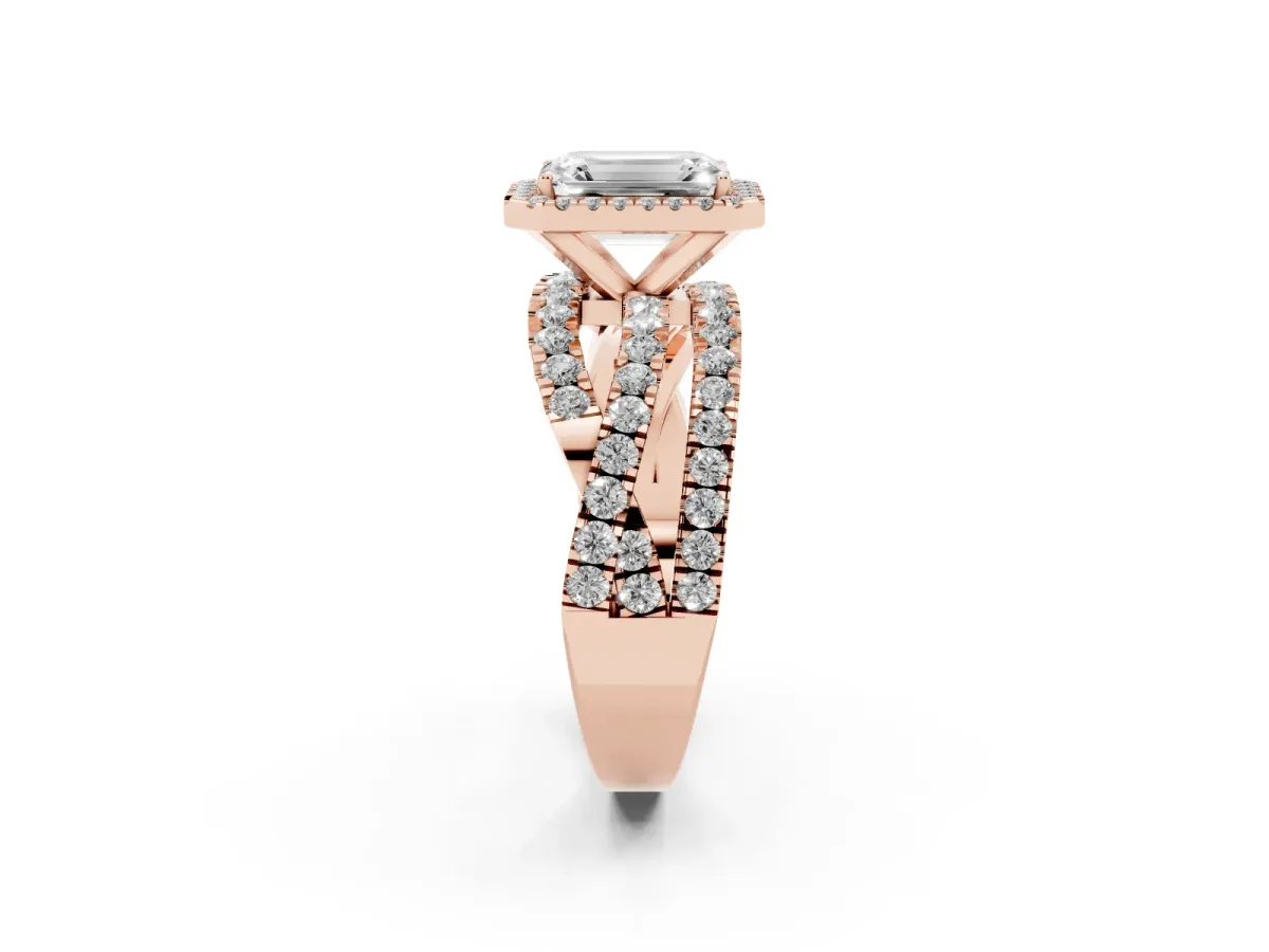 Emerald Cut Diamond Halo Ring with Round Split Shank and Prong Setting Rose gold