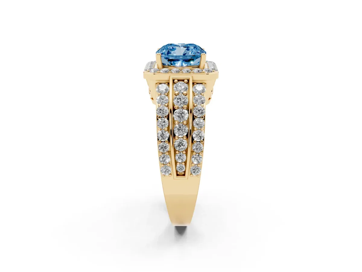 Fancy Blue Cushion Cut Halo Diamond Ring with Round Split Shank and Prong Setting Yellow gold