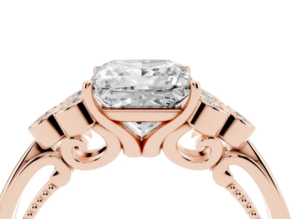 Princess Cut Cut Diamond Engagement Ring with Bezel Set Round Side Stones and Prong Setting Rose gold
