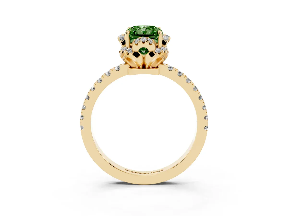 Fancy Green Radiant Cut Halo Diamond Pave Band Ring with Four-Prong Setting Yellow gold