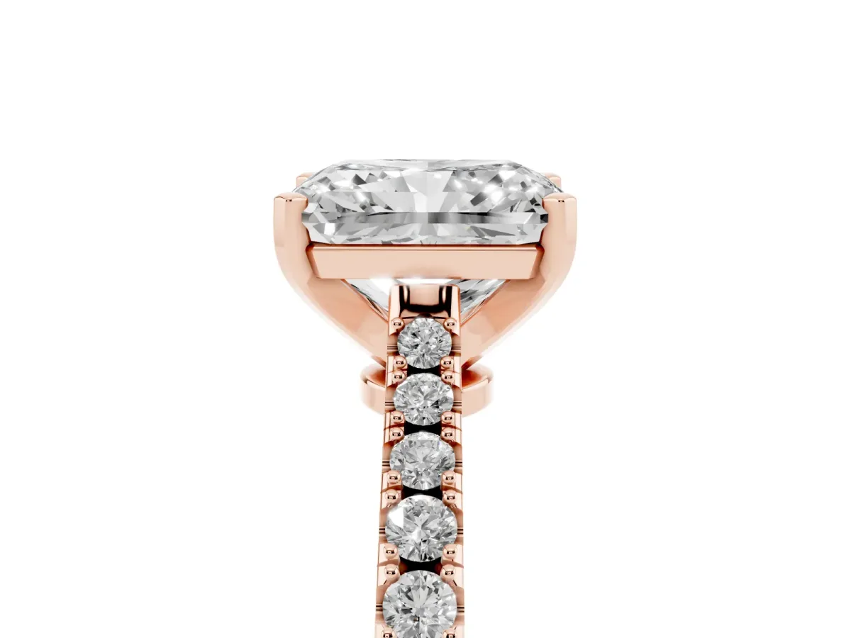 Radiant Cut Cut Solitaire Diamond Engagement Ring with Pave Band and Four-Prong Setting Rose gold