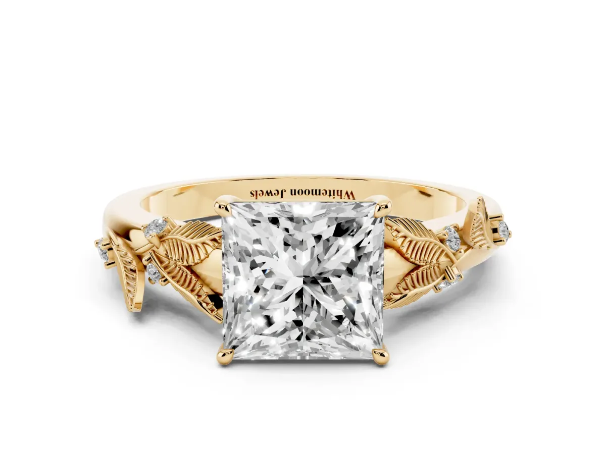 Princess Cut Diamond Solitaire Ring with Leaf Motif Band and Four-Prong Setting Yellow gold